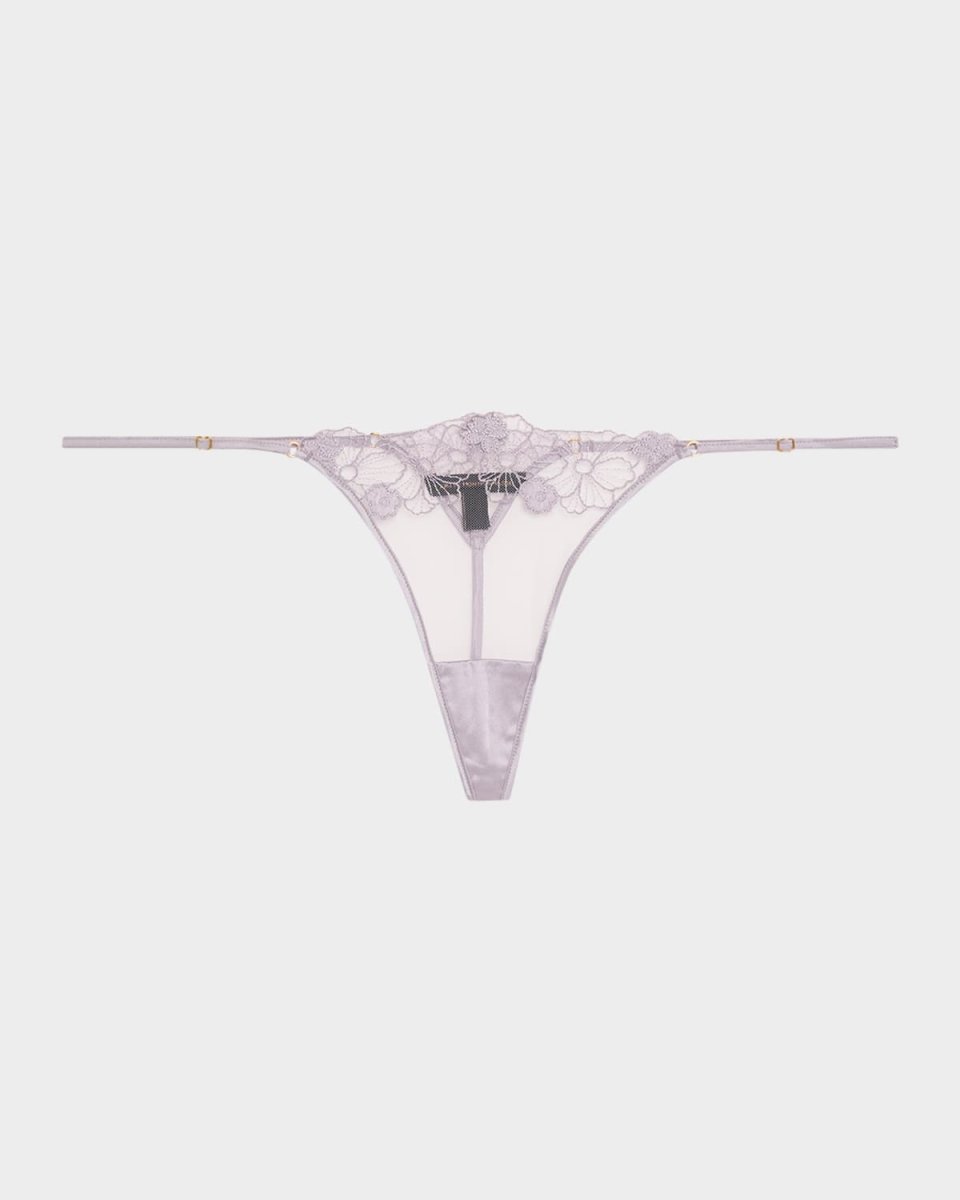 Violet Floral-Embroidered Tulle Thong